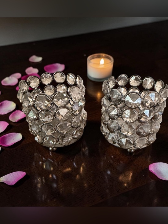 Other - Crystal Bead Votive Holders - Silver and Clear (Pair)